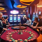 Exciting casino scene featuring a roulette table and slot machines from https://13win.reviews/ with players engaged in thrilling gaming.