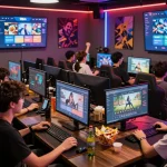 Players enjoying a vibrant gaming experience on the 99win platform with colorful screens and snacks around.