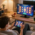 Player enjoying online slots on tg88 tablet in a cozy home environment.