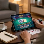 SIN88 player strategizing for online casino gaming with tablet and notes in cozy home.