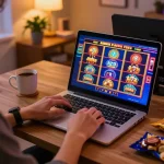 Person enjoying online gaming at Nhà cái Luck8, showcasing a lively slot machine interface.