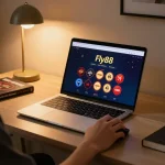 Fly88 player engaging in strategic online casino gaming with laptop setup at home.