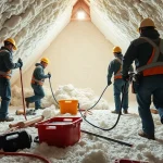 Efficient spray foam removal Portsmouth process in action, showcasing skilled workers and clean attic space.