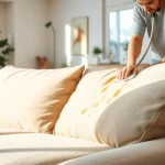 Couch cleaning in Glasgow with a professional technician treating stains in a cozy living room.