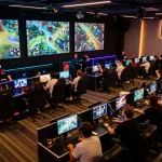 TR88 enthusiasts placing strategic bets at a vibrant esports betting arena filled with dynamic screens.