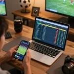 Engaging sports betting scenario with odds on laptop and 7m cn mobile app in action.