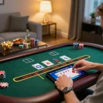Player enjoying casino games on tablet at home showcasing 99OK exciting gameplay