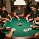 Players are engaged in an exciting game bài đổi thưởng at a round poker table during a friendly home gathering.