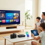 Sky Glass IPTV installation guide showcasing a family setting up their Smart TV and compatible devices in a cozy living room.