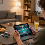 Player engaged in 8kbet online gaming from a cozy living room, showcasing responsible entertainment.