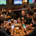 Engaging friends placing bets on sporting events via 1gom at a vibrant sports bar.