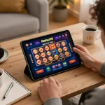 A player engaging with the Nohu90 platform on a tablet, showcasing strategic online gaming in a cozy setting.