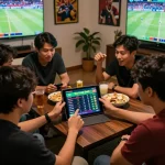 Kèo Đồng Banh betting excitement among friends analyzing live sports odds.