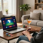 Engaging in an online gaming session with cloud-africa themed gameplay on a laptop, cozy modern living space.