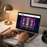 TR88 online player engaged in enthusiastic slot game session at home.