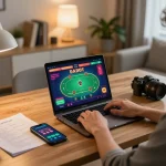 Engaged player using 99wincasino on a laptop in a cozy home office, showcasing strategic gaming.