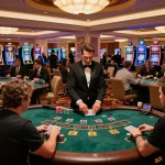 Players engaging in strategic blackjack gameplay at a luxury Vegas casino, mm88 atmosphere of excitement.