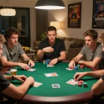 Engaged players strategizing their moves in a lively game of Bài Poker at a home poker night.