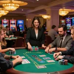 Kuwin players strategizing around blackjack tables, immersed in high-stakes fun.