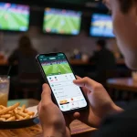 Engaging sports betting using the link da88 app on a smartphone during live games at a sports bar.