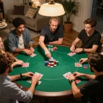 Kuwin players enjoying a thrilling poker game at home, showcasing excitement and strategy.