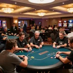 KJC players engaged in a high-stakes poker tournament at a luxurious casino.