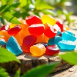 Buy legal THC gummies UK in vibrant colors displayed on a wooden table with fresh leaves.