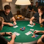 Playing strategic poker with friends showcases game bài đổi thưởng uy tín in a cozy home setting