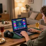 Người chơi tương tác với nền tảng trò chơi trực tuyến 12bet trên máy tính xách tay, hiển thị giao diện cược và môi trường thoải mái tại nhà.