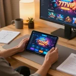 Player engaging with the 777VIP app on a tablet, showcasing a responsible gaming setup that highlights strategic planning.