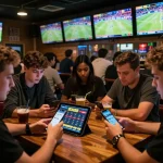 BONG88 users engaged in thrilling sports betting at a lively bar with multiple screens.