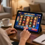 Engaged player enjoying Slot Malaysia gaming on a tablet in a cozy home setting.