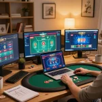 Engaging in strategic poker gameplay on hubet at a cozy home gaming setup.