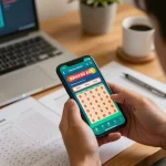 Soi cầu xổ số app viewed on smartphone during an engaged online lottery gaming session from a home workspace.