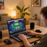 Player engaging with HB88 online casino on laptop, showcasing immersive home gaming experience