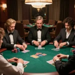 gfly88 players engaging intensely in a high-stakes poker game at an elegant casino table