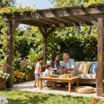 Family enjoying a customizable pergola configurator on a sunny afternoon.