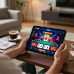 Engaging with 23win online casino on a tablet in a cozy living room setting.