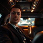 Chauffeur Hire inside a luxury limousine showcasing a professional chauffeur in a sophisticated setting.