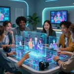 Diverse group engaging with holograms on digital table showcasing social interactions powered by sex AI technology.