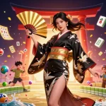Alo789 Đá Gà showcases a captivating scene with dynamic lottery balls and a striking Asian woman in traditional attire.