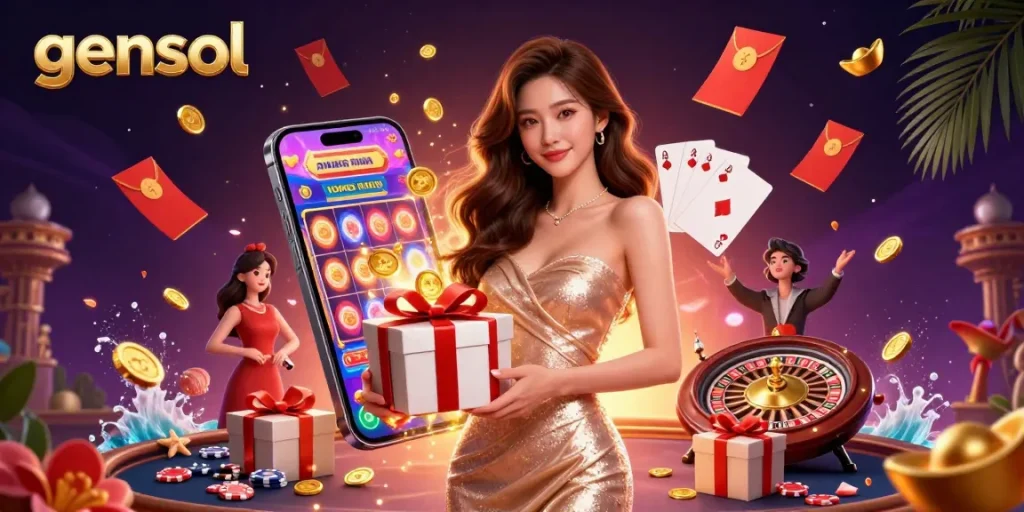 Experience the excitement with gensol's vibrant casino atmosphere featuring a glamorous character surrounded by festive gaming elements.