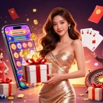 Experience the excitement with gensol's vibrant casino atmosphere featuring a glamorous character surrounded by festive gaming elements.