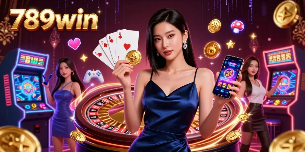 Experience the excitement of 789win with a stunning Asian woman holding a golden chip and smartphone in a vibrant casino illustration.