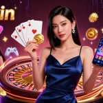 Experience the excitement of 789win with a stunning Asian woman holding a golden chip and smartphone in a vibrant casino illustration.