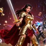 Engage with kèo bóng đá through dynamic sports betting graphics featuring a warrior queen and companion.