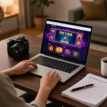 Player engaging with the SKY88 online casino interface in a cozy home setup.