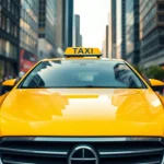 Taxi in urban area with vibrant city life, showcasing a bright yellow vehicle.