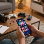 The player enjoys the fun79 casino app on their smartphone in a cozy home setting.
