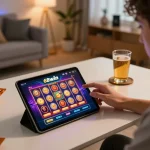 Engaging with the 68win casino app on a tablet in a cozy home setup, showcasing responsible gaming.